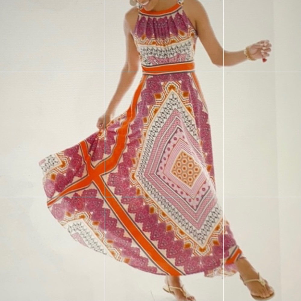 CHICO Scarf Print Maxi Dress Orange Combo Sleeveless Pleated Side Zip. NWT
